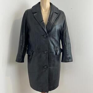 Vintage Women's Size Small/Medium Black Leather Trench Coat Jacket Large Buttons